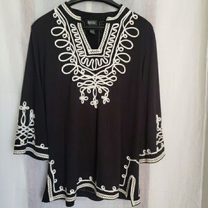 Boho Blouse Black White Embroidered Short Sleeve Peasant Gypsy Art Women XL FLAW